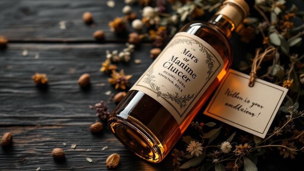 Eine elegant etikettierte Flasche selbstgemachten Weins oder Likörs, umgeben von getrockneten Kräutern und einem kleinen, handgeschriebenen Grußkärtchen auf einem dunklen Holzhintergrund.