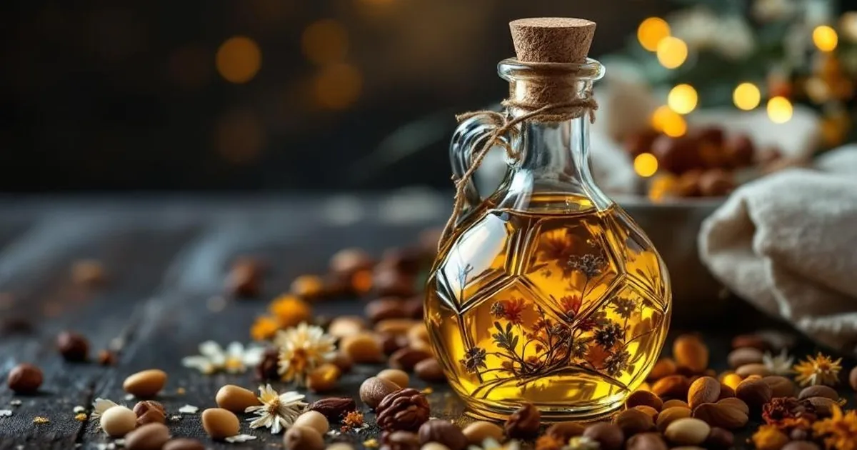 Eine elegant etikettierte Flasche selbstgemachten Weins oder Likörs, umgeben von getrockneten Kräutern und einem kleinen, handgeschriebenen Grußkärtchen auf einem dunklen Holzhintergrund.