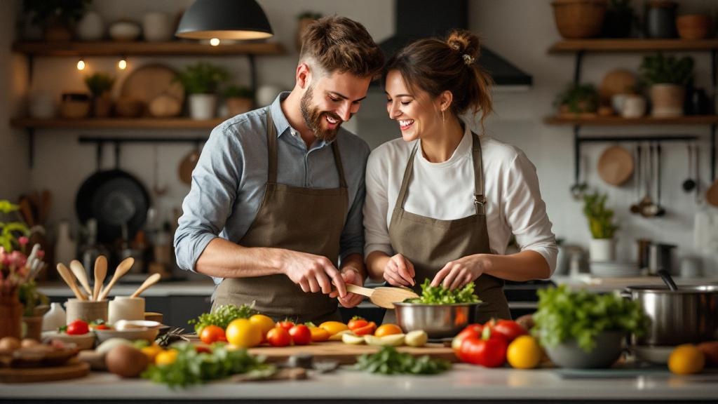 Paar lachend beim Kochen in einem Workshop