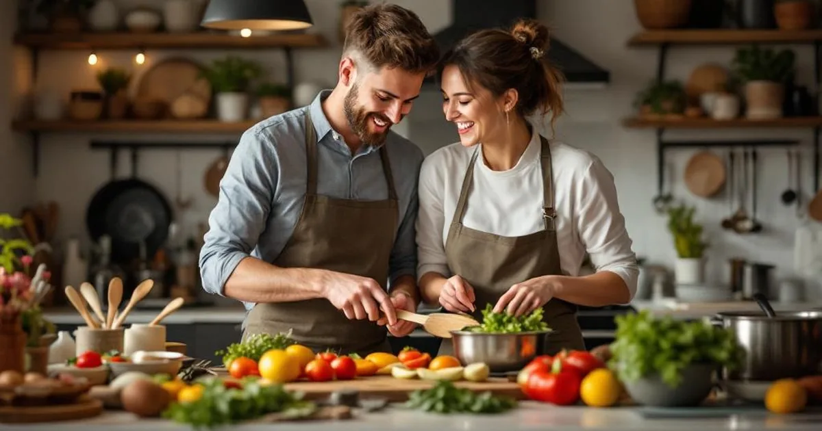 Paar lachend beim Kochen in einem Workshop