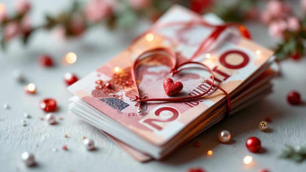 Ein Detailbild eines Geldbaums mit einem kreativ gefalteten Geldschein in Form eines Herzens, der an einem Ast befestigt ist.