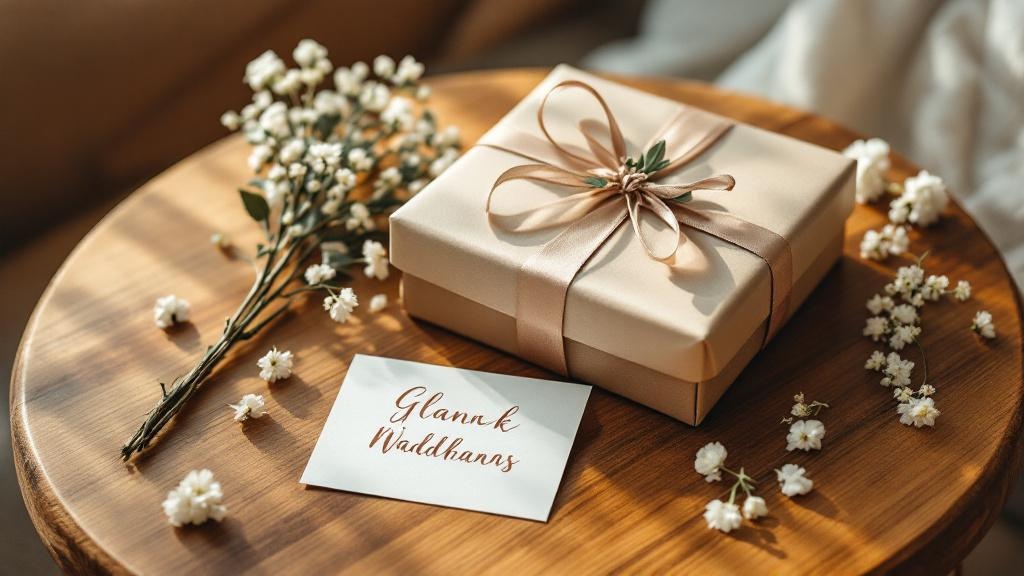 Ein stilvolles Hochzeitsgeschenk, verpackt in edlem Papier mit einer handgeschriebenen Karte und einem kleinen Blumenstrauß.