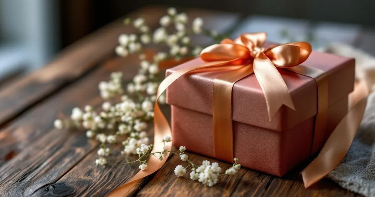 Ein stilvolles Hochzeitsgeschenk, verpackt in edlem Papier mit einer handgeschriebenen Karte und einem kleinen Blumenstrauß.