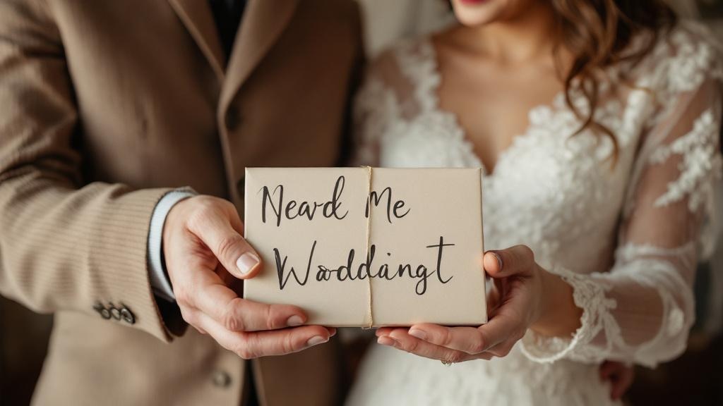 Ein Brautpaar, das ein liebevoll verpacktes Hochzeitsgeschenk mit einer Karte in den Händen hält und lächelt