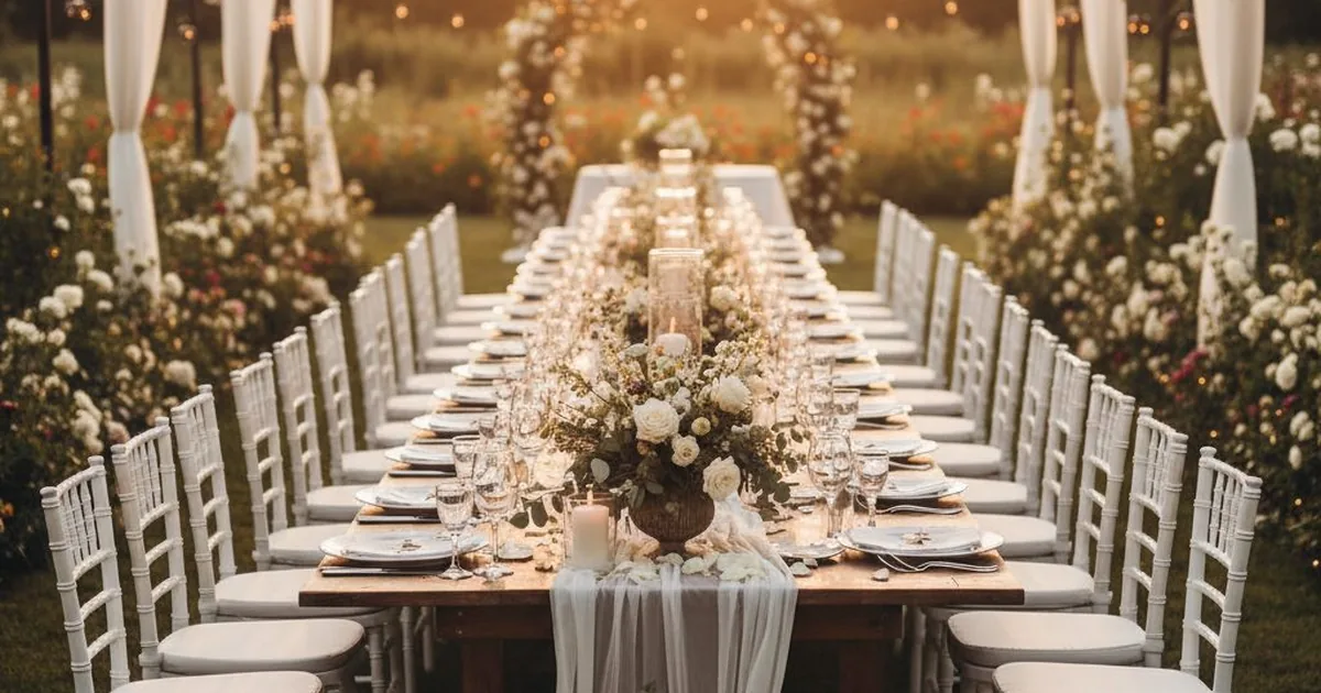 Romantisch gedeckter Hochzeitstisch im Freien, Sommerblumen, Abendsonne