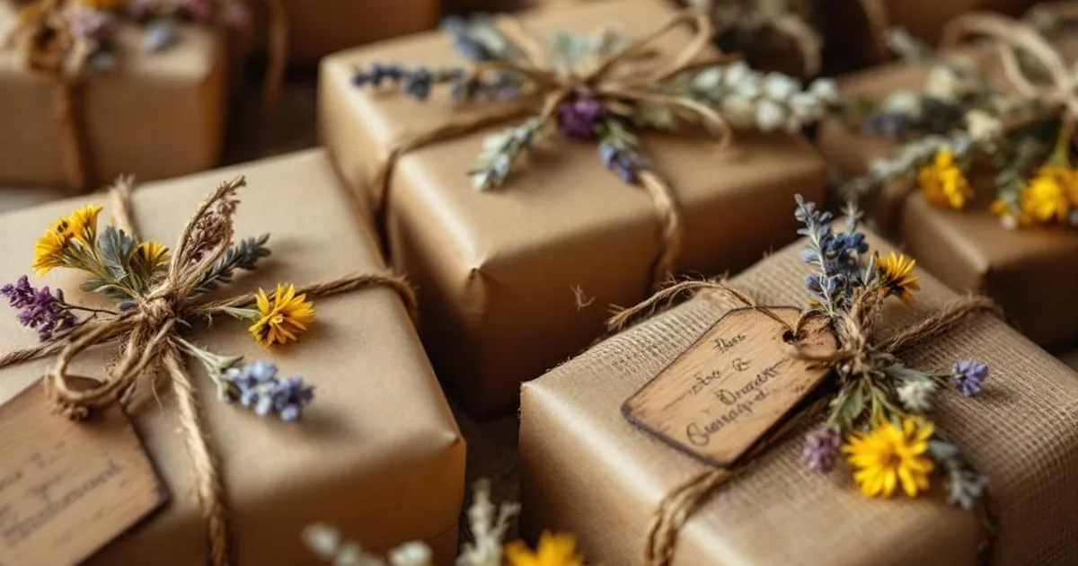 Nahaufnahme von wunderschön verpackten, nachhaltigen Hochzeitsgeschenken mit natürlichen Materialien wie Jutestoff, getrockneten Blumen und Holzetiketten.