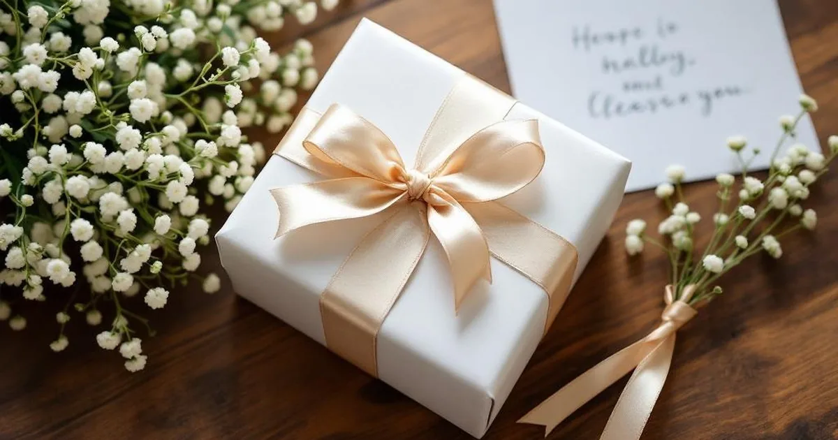 Liebevoll verpacktes Hochzeitsgeschenk mit Glückwunschkarte