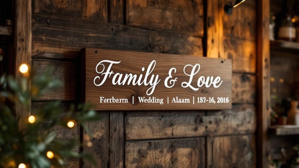 Ein personalisiertes Holzschild mit Familiennamen und Hochzeitsdatum hängt an einer rustikalen Wand